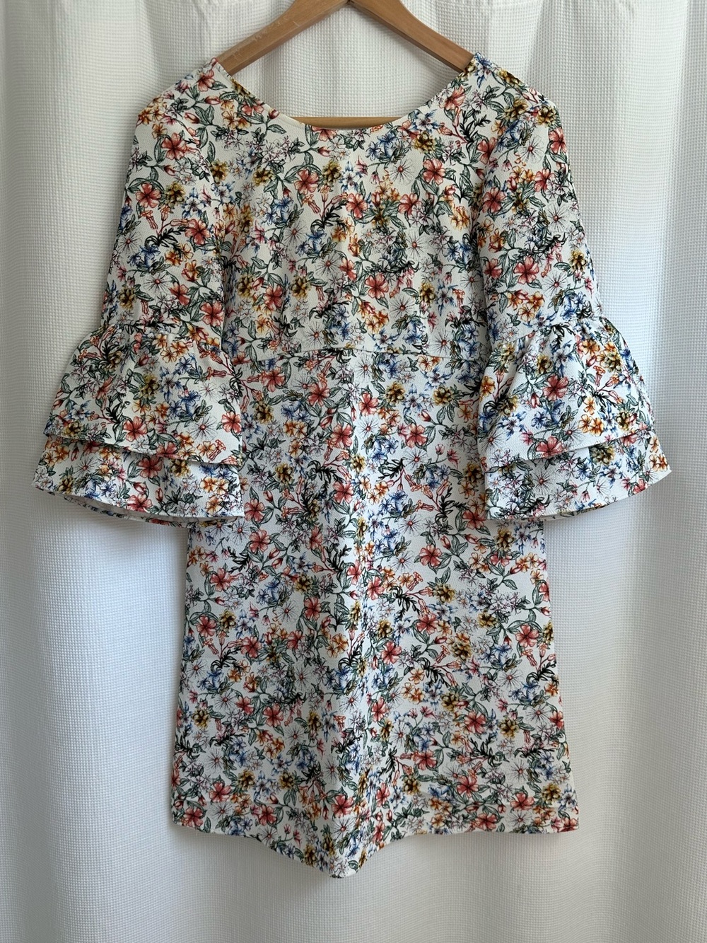Zara White Floral Dress with Layered Bell Sleeves, XS